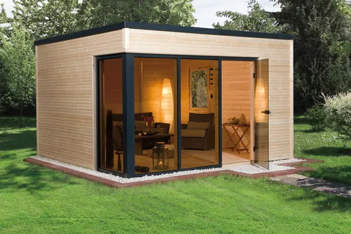 Weka Holz-Gartenhaus Cubilis Gr. 2 Natur – 14,4 m² - Holz-Gartenhäuser mit elegantem Design und großzügiger Glasfront, ideal als Gartenpavillon oder Umkleide nach dem Schwimmen. Robuste Konstruktion mit 45 mm Wandstärke für Langlebigkeit.