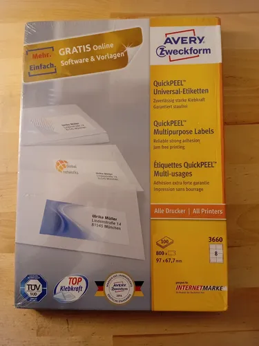 Zweckform 3660 Avery Etiketten 97 x 67.7mm, 800 Stück - Selbstklebend & Recycelbar - Etiketten für alle Drucker, ideal für Seriendruck und Stapelverarbeitung. Hohe Klebkraft, nachhaltig produziert und Internetmarke-geeignet. Made in Germany.