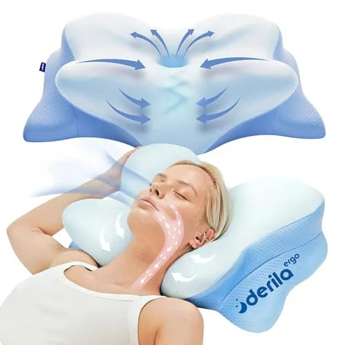 Derila Ergo Nackenkissen - Ergonomisches Kopfkissen aus Memory Foam - Nackenhörnchen, optimales Nackenstützkissen für erholsamen Schlaf, fördert die richtige Ausrichtung und hält Sie kühl und trocken.
