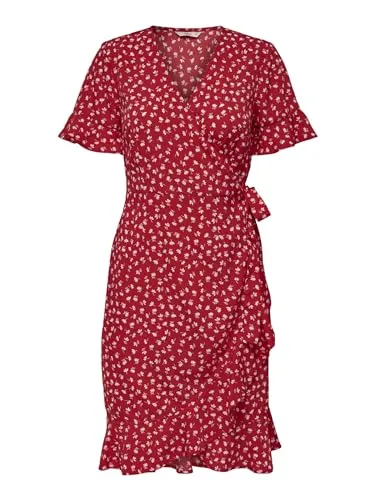 ONLY Sommerkleid Olivia - Wickel-Design in Rot/Weiß - Elegantes 1-tlg. Kleid im Wickel-Design, ideal für Sommeranlässe. Aus 100% Polyester, knielang mit floralem Muster und Viertelärmeln. Perfekt für einen modischen Auftritt!