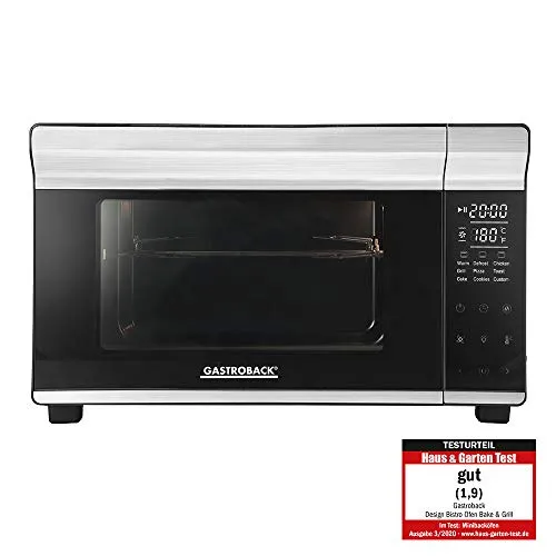Gastroback Minibackofen Bistro Ofen Bake und Grill - 1500 Watt, 26 Liter mit Drehspieß und Umluft, inklusive Pizzastein und 5 Automatikprogrammen