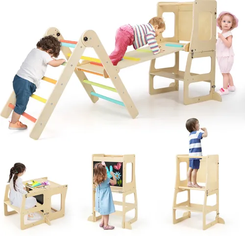 COSTWAY 7-in-1 Kletterdreieck mit Rutsche für Kinder - Vielseitiges Klettergerüst für drinnen, fördert motorische Fähigkeiten und bietet stundenlangen Spielspaß. Mit umwandelbarem Tritthocker und stabiler Struktur, ideal für Kinder von 3 bis 14 Jahren.