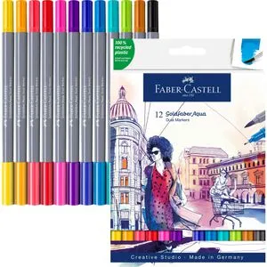 Faber-Castell Aquarellstifte 164612 Goldfaber Aqua - 12 Stück, wasserbasierte Dual Marker mit Fineliner- und Pinselspitze, ideal für Handlettering und Watercoloring