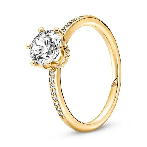 Pandora Solitärring für Funkelnde Krone Goldfarben Größe 60 - Eleganter Ring aus goldfarbenem Material mit funkelndem Zirkonia, perfekt für besondere Anlässe oder als stilvolles Accessoire.