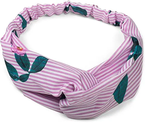 styleBREAKER Damen Haarband gestreift mit Twist Knoten, Blumen und Gummizug, Stirnband, Headband, Haarschmuck 04026013, Farbe:Rosa-Weiß
