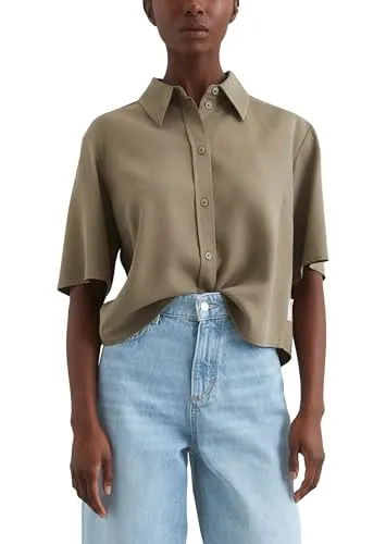 Marc O'Polo Denim Damen Kurzarmbluse Cropped in Dusky Green, XL - Modische Kurzarmbluse mit Kentkragen, ideal für lässige Outfits und den Sommer. Perfekt kombinierbar mit Jeans oder Shorts.