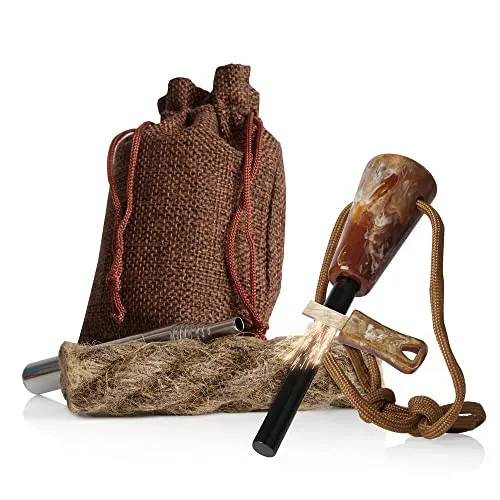 CampFeuer Feuerstahl Set mit Feuerstarter, Paracord-Seil, Blasrohr, Zunder und Stoffbeutel | Notfallausrüstung, Survival Kit, Campingausrüstung | Outdoor Set, Feuerstarter Set, Funkenstahl Set