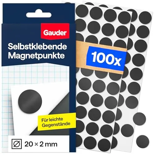 GAUDER Magnetpunkte selbstklebend stark - Runde Selbstklebende Magnete - Magnetplättchen selbstklebend rund für leichte Gegenstände - Magnete zum Kleben - Magnet Klebepads (100 Stück - 20 x 2 mm)
