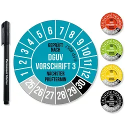Frank Paperman Aufkleber DGUV V3 Prüfplaketten 20-30 mm Ø inkl. Folienstift, Prüfplaketten, (600tlg), Nächster Prüftermin, UV-beständig, Hohe Klebkraft blau Ø 2 cm
