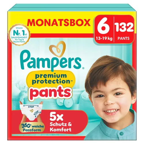 Pampers Premium Protection Pants Größe 6, 132 Stück - WINDELN - Bequeme und zuverlässige Windeln für aktive Babys, passen perfekt bei 13kg-19kg und bieten hervorragenden Schutz.