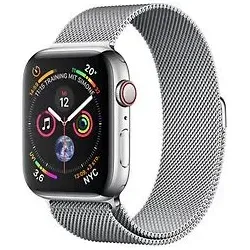 Apple Watch Series 4 44 mm Edelstahlgehäuse silber mit Milanaise Armband - Smartwatch mit Wi-Fi + Cellular, bietet eine elegante Kombination aus Stil und Funktionalität sowie einen hochauflösenden LTPO OLED Retina Bildschirm.