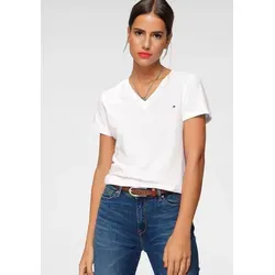 Tommy Hilfiger Damen T-Shirt Kurzarm Heritage V-Ausschnitt, Weiß (Classic White) - T-Shirts für Damen, hochwertiges 100% Baumwollshirt mit Tommy Hilfiger Flag auf der Brust für lässigen Freizeit-Look und optimale Passform.