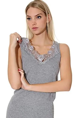 Damen Shirt, Unterhemd Gekämmte Baumwolle mit extra großer Spitze Ohne Seitennaht (36/38, grau)