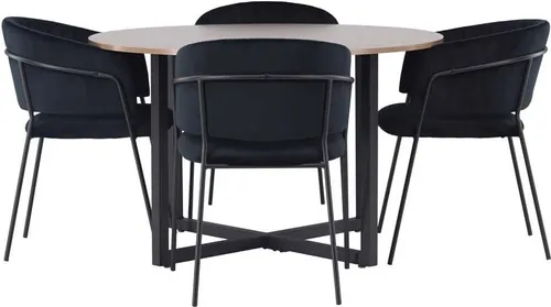 Durango Essgruppe Tisch Nussbaum Nachbildung mit 4 Selma Stühlen schwarz - Elegante Durango Essgruppe mit einem stilvollen Tisch in Walnuss-Nachbildung und 4 bequemen Selma-Stühlen in Schwarz. Ideal für gesellige Abende und ein modernes Wohnambiente.