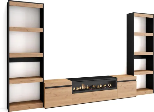 Wohnwand Wohnzimmer mit Elektrokamin, 320x35x186cm für TV bis 80" - Moderne TV-Wand mit LED-Elektrokamin und realistischem 3D-Feuereffekt. Großer Stauraum für elektronische Geräte und Sammlerstücke in stilvollem Eiche-Schwarz Design.