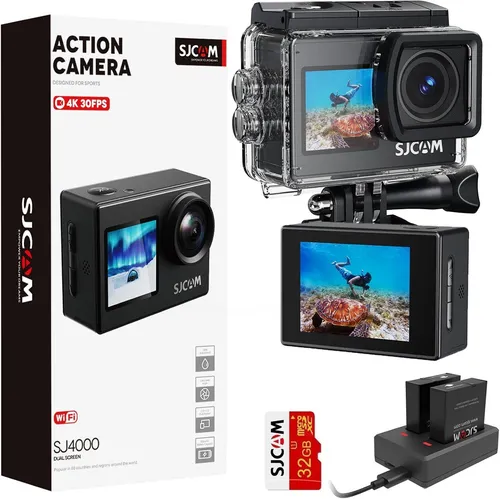 SJCAM SJ4000 Dual Screen 4K Action Cam - 4K Ultra HD Action-Kamera mit 170° Weitwinkel, ideal für Abenteuer und Unterwasseraufnahmen. Unterstützt WiFi und kann als Dashcam oder Webcam verwendet werden.