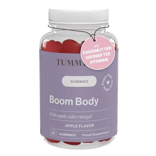 Apfelessig Gummibärchen 500 mg – Grüner Tee, Selen, Vitamin B6, Vitamin B12 und Folsäure – 60 Gummies – Thermogenese, Stoffwechsel, Immunsystem – Vegan, Ohne Zucker – Boom Body Tummy Tox