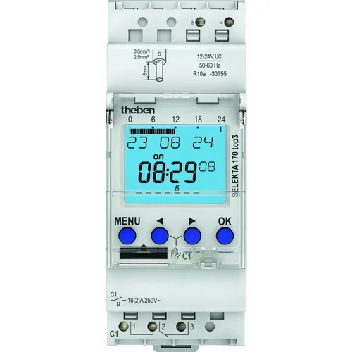 Theben Zeitschaltuhr Selekta 170 top3, digital für Hutschiene - Digitale Zeitschaltuhr für 12-24V, mit Astro-Programm und 56 Speicherplätzen für individuelle Schaltzeiten. Ideal für Innenanwendungen, Made in Germany.