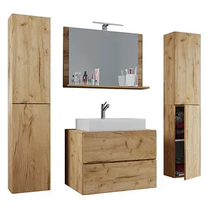 VCM my bath Badmöbel-Set Lendas XL 915215 - 5-teiliges Badmöbel-Set in honig-eiche, inklusive Waschtischunterschrank, Waschbecken und Spiegel. Ideal für ein stilvolles Badezimmer mit viel Stauraum und robuster Melaminharzoberfläche.