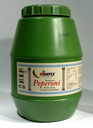 Alimpex griechische grüne Peperoni im Fass 4,5kg - Eingelegtes Obst & Gemüse, mild pikant im Geschmack und ideal für griechische Gerichte oder als Snack, vegan und glutenfrei.