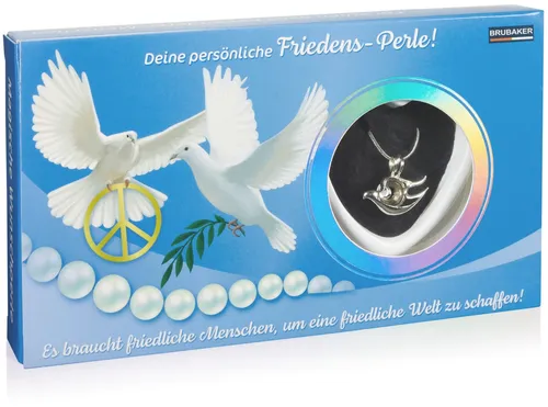 BRUBAKER Perlenketten-Set Deine Persönliche Wunschperle - Frieden (Geschenkset für die Freunde und Familie - Friedens-Perle, Muschel mit echter Perle als Schmuck - Set), Halskette mit Silber Friedenstaube Anhänger