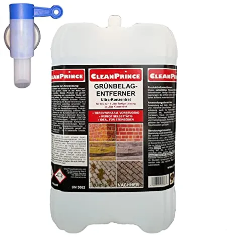CleanPrince Grünbelagsentferner 5 Liter - Effektiver Reiniger für Stein, Glas, Kunststoff & Holz - Moosbekämpfung mit selbsttätiger Wirkung, entfernt Grünbeläge ohne Schrubben. Inklusive gratis Ausgießer pro Bestellung für einfache Anwendung.