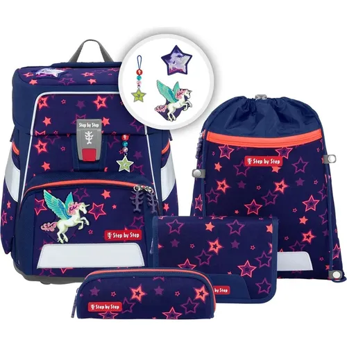 Step by Step Schulranzen-Set Space Shine „Pegasus Night Nuala“ - Ergonomischer Tornister für die Grundschule - Schulranzen mit 20L Stauraum, höhenverstellbar und mit Reflektoren für optimale Sichtbarkeit. Inklusive Schlampermäppchen und MAGIC MAGS für individuelles Design.
