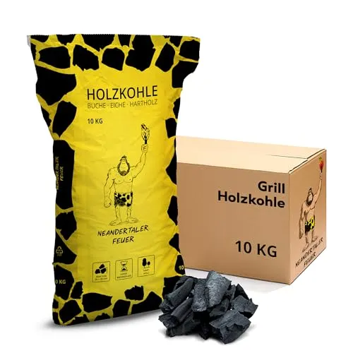 Neandertaler Feuer Grillkohle Buche, 10 kg – Hochwertige Holzkohle für BBQ - Entdecken Sie die Neandertaler Feuer Grillkohle aus Hartholz: Buche, Hainbuche und Esche. Ideal für gleichmäßige Hitze und ein unverwechselbares Grillaroma. Perfekt für Steak und Grillabende im Freien.