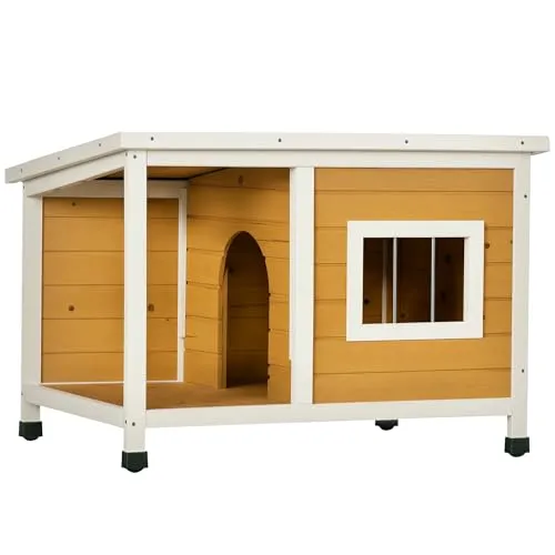PawHut Hundehütte Tannenholz - Gemütlicher Rückzugsort für Ihren Hund - Hundehütten mit sonniger Veranda und schattigem Innenraum, ideal für wohlige Wärme und Komfort. Das aufklappbare Dach ermöglicht leichten Zugang für Streicheleinheiten und Leckerlis.