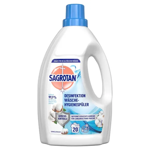 SAGROTAN DESINFEKTION Hygienespüler 1,5 l - Waschmittel mit kraftvoller Desinfektion, entfernt Keime ab 20 °C und ist sanft zur Haut – für hygienisch saubere Wäsche und erfrischenden Duft.