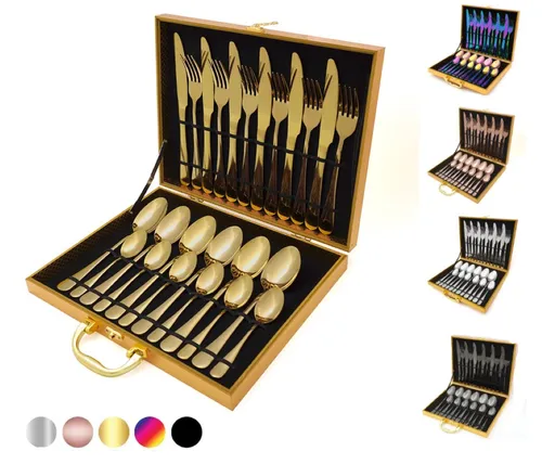Faizee 24-tlg. Edelstahl Besteck-Set mit Holzbox - Elegantes 24-teiliges Besteckset für 6 Personen. Hochwertiger Edelstahl, ergonomisches Design und glänzende Oberfläche sorgen für ein stilvolles Esserlebnis. Ideal für jeden Anlass und als Geschenk.