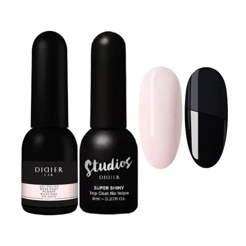 Didier Lab - Base Coat Top Coat UV - Rubber Base Gel Milky Pink - No Wipe Top Coat Gel UV Super Shiny - LED UV Nagellack Set - UV Gel Nagellack - Stärkt Schwache Nägel - Lang anhaltend - Gellack Set