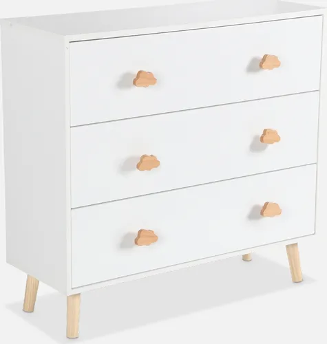 sweeek Kinderkommode mit 3 Schubladen - Weiß - Kommode für Kinderzimmer mit 3 Schubladen, Kiefernholzgriffe und Anti-Kipp-Sicherung für maximale Sicherheit und stilvolle Ordnung.