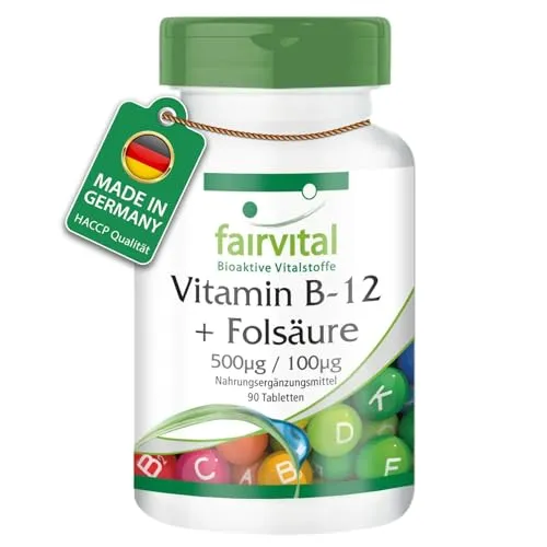 Fairvital | Vitamin B-12 Tabletten mit Folsäure - 90 Tabletten - HOCHDOSIERT - mit 500µg Vitamin B12 & 100µg Folsäure pro Tablette - VEGAN