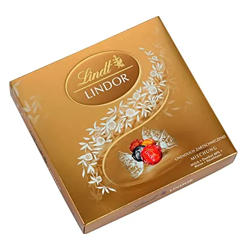 Lindt LINDOR Präsent Box Mischung – Schokoladengeschenk mit 15 Kugeln - Verschenken Sie Genuss mit der LINDOR Präsent Box, die 4 köstliche Sorten vereint. Ideal für besondere Anlässe und liebevolle Überraschungen, aus feinsten Zutaten und mit Schweizer Schokoladenkunst.