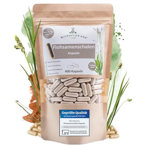 MICROFLORANA® Flohsamenschalen Kapseln - 400 hochdosierte Kapseln - Pflanzliches Ergänzungsmittel Flohsamen, 99% Reinheit und 3.660 mg Ballaststoffe pro Tag, ideal für eine sanfte Verdauungsunterstützung und leicht in der Anwendung.