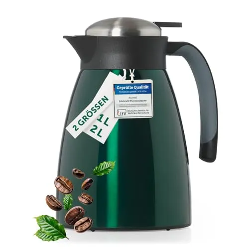 Blumtal Thermoskanne 1l - BPA-freie Teekanne mit Quick Tip Verschluss - auslaufsichere Kaffeekanne thermo für langanhaltende Isolation - Isolierkanne 1l - Thermoskannen - Kaffee Thermoskanne in Grün