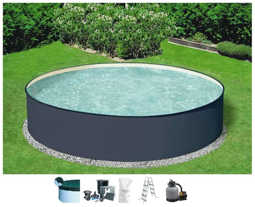 KONIFERA Rundpool GOMERA I - 6-tlg. Set mit Sicherheitsleiter - Rundes Aufstellbecken aus robustem Stahl, inkl. Sandfilteranlage und Sicherheitsleiter. Ideal für entspannende Sommertage im eigenen Garten.