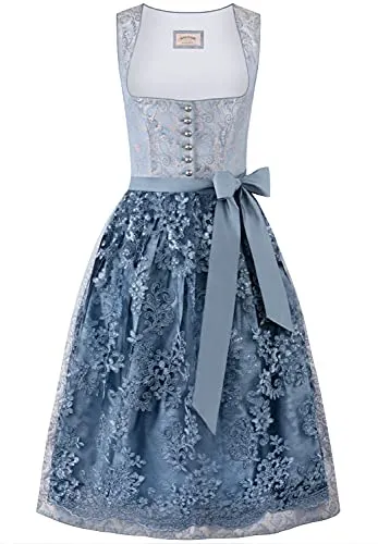 Stockerpoint Damen Sidonia Midi Dirndl, Rauchblau, 42 - Elegantes Dirndl mit stilvollem Paisley Muster und Münchener Schnitt, das ein schönes Dekolleté zaubert. Der in Falten gelegte Rock und die Spitzenschürze runden den Look perfekt ab. Ideal für festliche Anlässe!