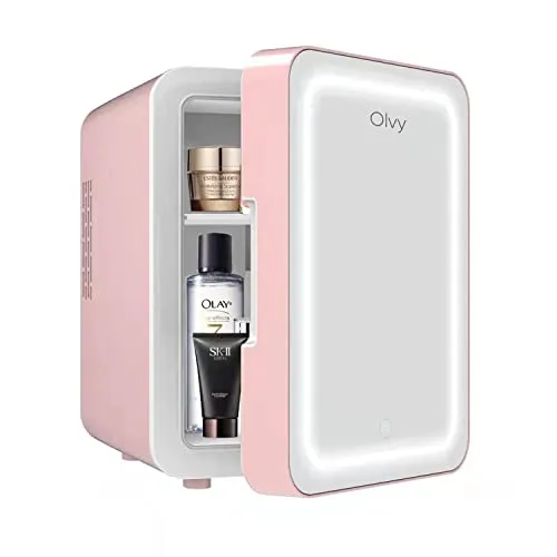 Olvy Kosmetik Kühlschrank 4 Liter - Tragbarer Mini Kühlschrank mit LED Spiegel - Mini-Kühlschrank für Kosmetik, kühlt und wärmt bis 60°C, ideal für unterwegs mit integriertem LED-Spiegel und kompaktem Design.