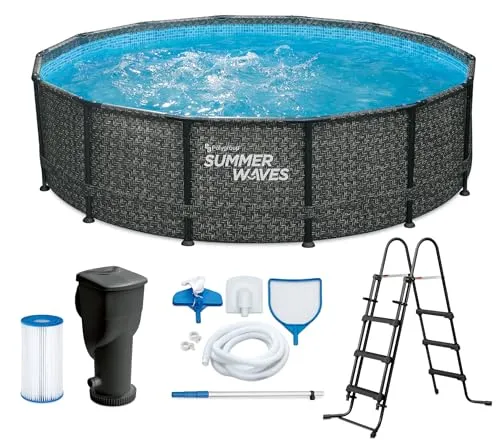 Summer Waves Frame Pool Komplettset | Rund 427x107 cm Rattanoptik Grau | Aufstellpool Set | Gartenpool & Schwimmbecken inkl. Filterpumpe, Einstiegsleiter, Abdeckplane, Bodenvlies & Reinigungsset