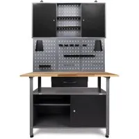 Werkstatt-Set Klaus 1 Schrank 120 cm - Metall-Werkbank mit massiver Buchenholzarbeitsplatte, ideal für Werkstätten mit vielseitigen Aufbewahrungsmöglichkeiten und höhenverstellbaren Füßen.