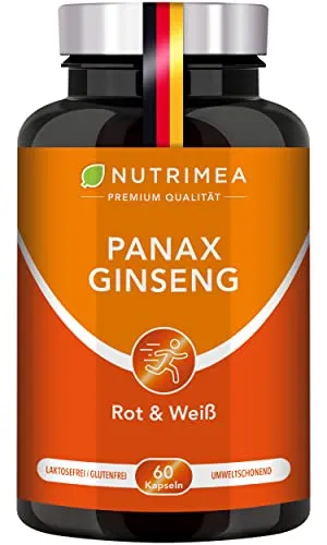 Ginseng Bio Kapseln - Roter & Weißer Wurzelextrakt 10:1 - Mit 15% an Ginsenosiden - 100% Vegan - Premium Qualität - Nutrimea - Für Energie & Konzentration