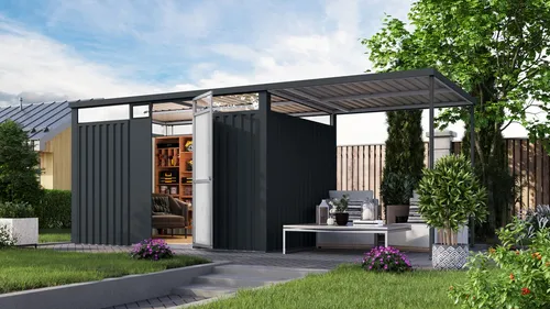 Karibu Østen 3 SET Gartenhaus Metall mit Lichtband - Gartenhäuser aus robustem Stahl, mit Doppelflügeltür und 10 Jahren Herstellergarantie, ideal für zusätzlichen Stauraum im Garten.