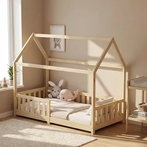 Kinderbett 80x160 cm mit Rausfallschutz - Sicherer Schlaf für Kinder - Kinderzimmermöbel: Unser robustes Kinderbett aus Kiefernholz bietet mit Rausfallschutz Sicherheit und eine kreative Schlafstätte für Mädchen und Jungen.