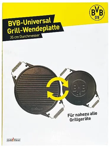 Grillfürst Gusseisenplatte BVB Edition Ø 35 cm - Vielseitige Grillplatte für Gas- und Holzkohlegrills - VIELSEITIG - Die massive Gusseisenplatte mit zwei nutzbaren Seiten sorgt für gleichmäßige Hitzeverteilung und ein perfektes Grillresultat. Ideal für Steak, Eier oder Pfannkuchen.