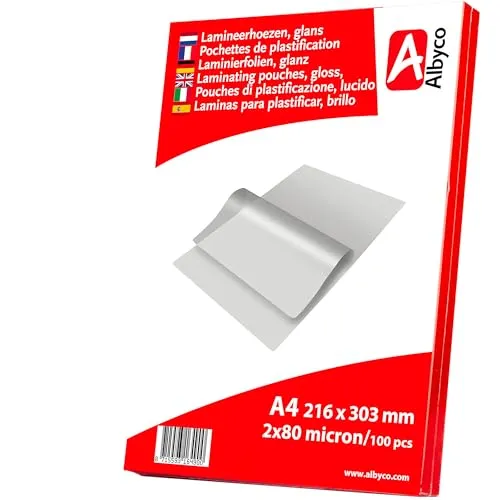 Albyco Laminierfolien, Laminiertaschen - Format A4, 216x303 mm - Dicke 2x80 (160) Mikron - Glänzend - 100 Stück - Transparent