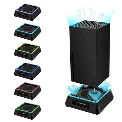 Mcbazel Xbox Series X Lüfter mit RGB-Licht – Einstellbarer USB Lüfter Ständer - Zubehör für Xbox Series X & S: Multifunktionaler Lüfter mit RGB-Beleuchtung für optimale Wärmeableitung und individuelle Gaming-Atmosphäre, ausgestattet mit Hochgeschwindigkeits-USB-Ports.