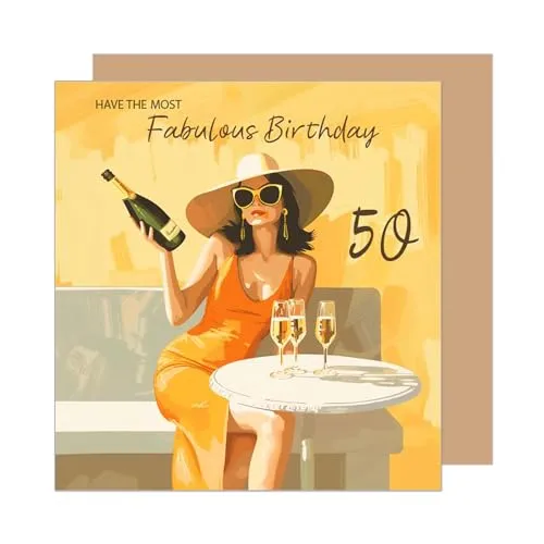 Edition Seidel Premium quadratische Glückwunschkarte zum 50. Geburtstag mit Umschlag. Geburtstagskarte Karte mit englischem Text fü Frau Freundin Kollegin Sekt Style (GQ537 SW025)