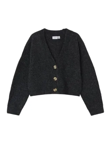 Name It Strickjacke Holly - Melange in Grau, Größe 134/140 - Strickjacke aus recyceltem Material, ideal für umweltbewusste Kinder, in normaler Passform mit langem Arm und Knopfverschluss.